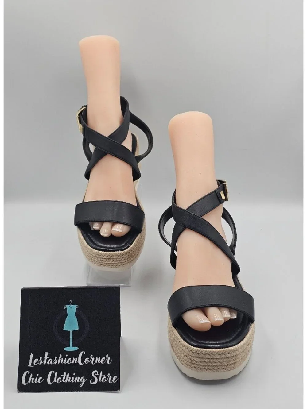 NWOB Michael Kors Women's Black Leather Lowry Espadrille Sandals Size 10 3720